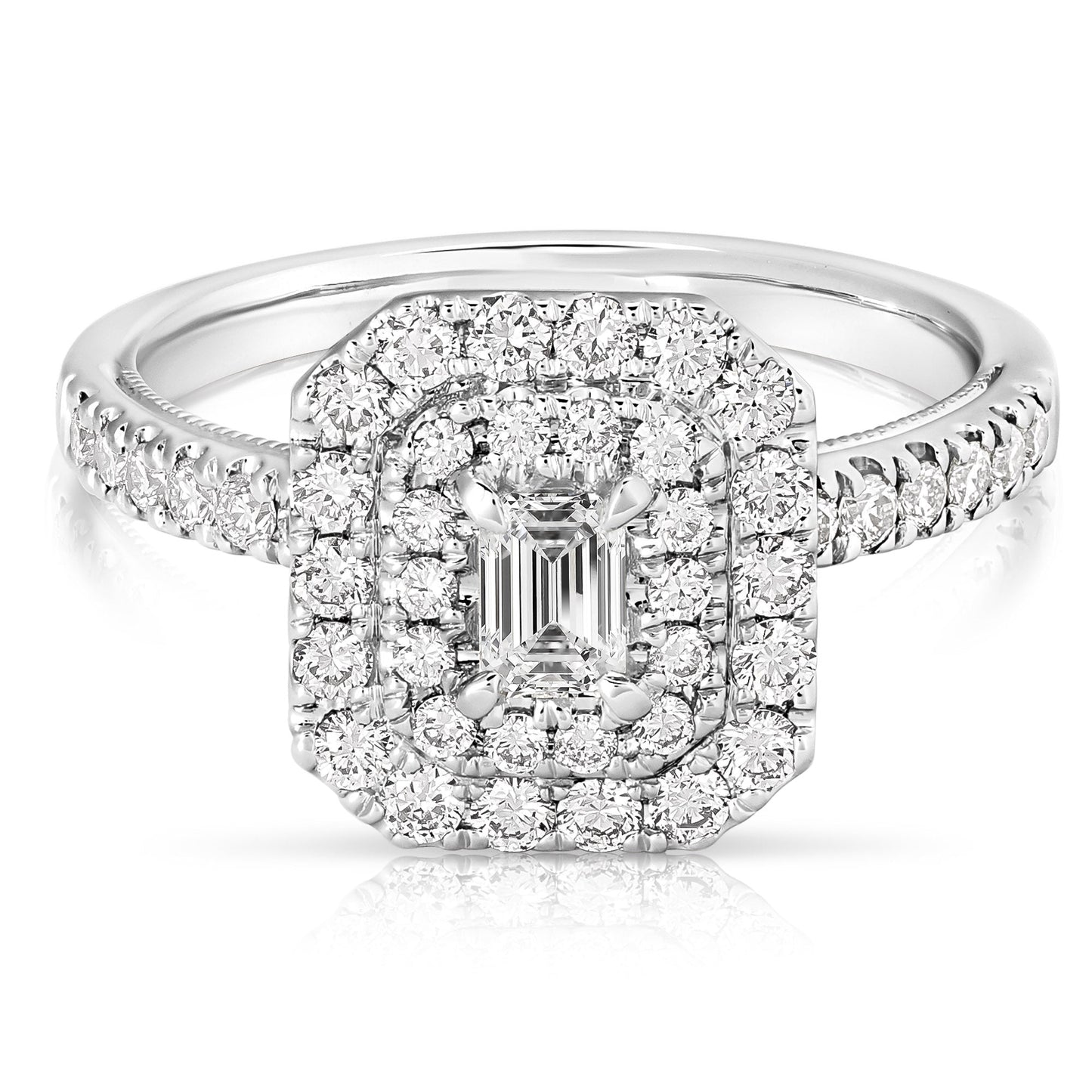 1 Ct Total Weight Double Halo Emerald Cut Engagement Ring